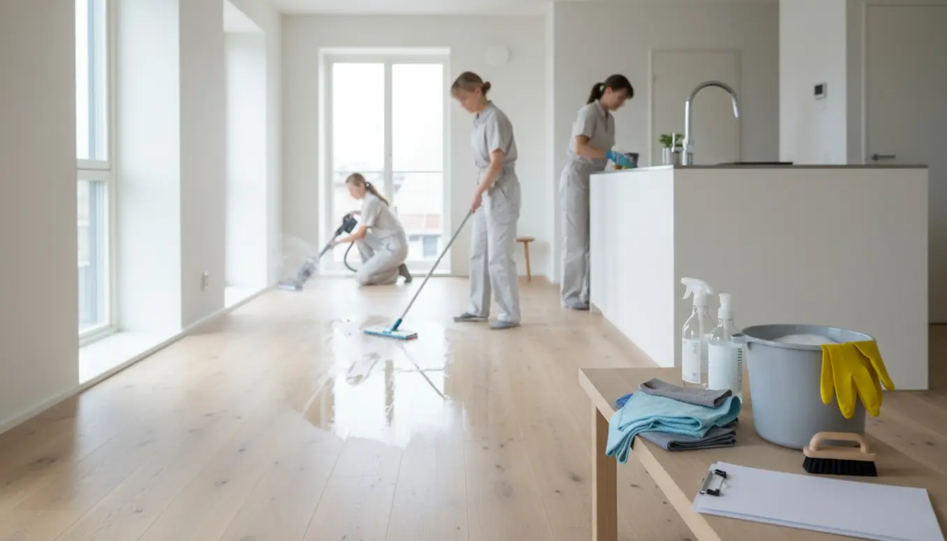 Tre kvinder rengør en tom flyttelejlighed med moppe, støvsuger og rengøringsmidler i dagslys.