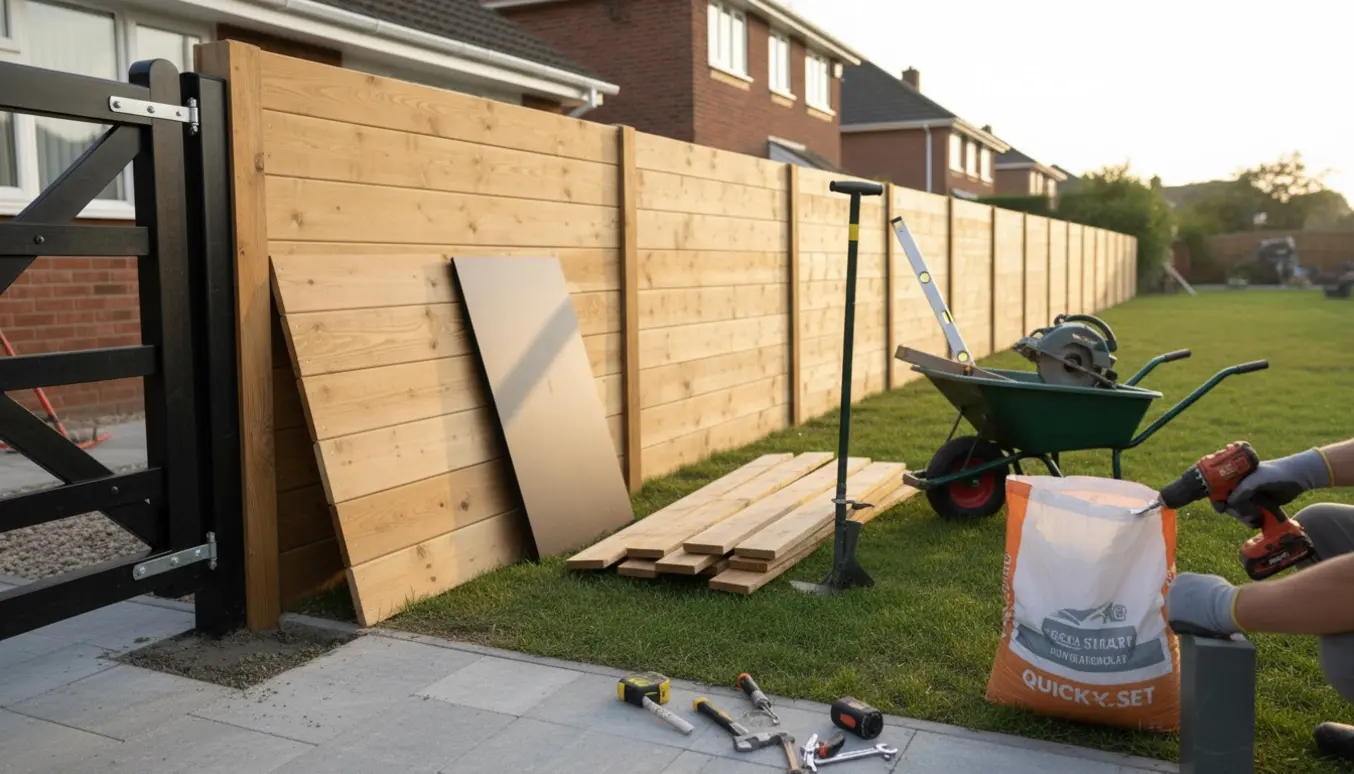 Arbejderes hænder monterer en sort kompositlåge, mens gammelt hegn er fjernet og nye træ- og kompositpaneler ligger klar i forhaven.