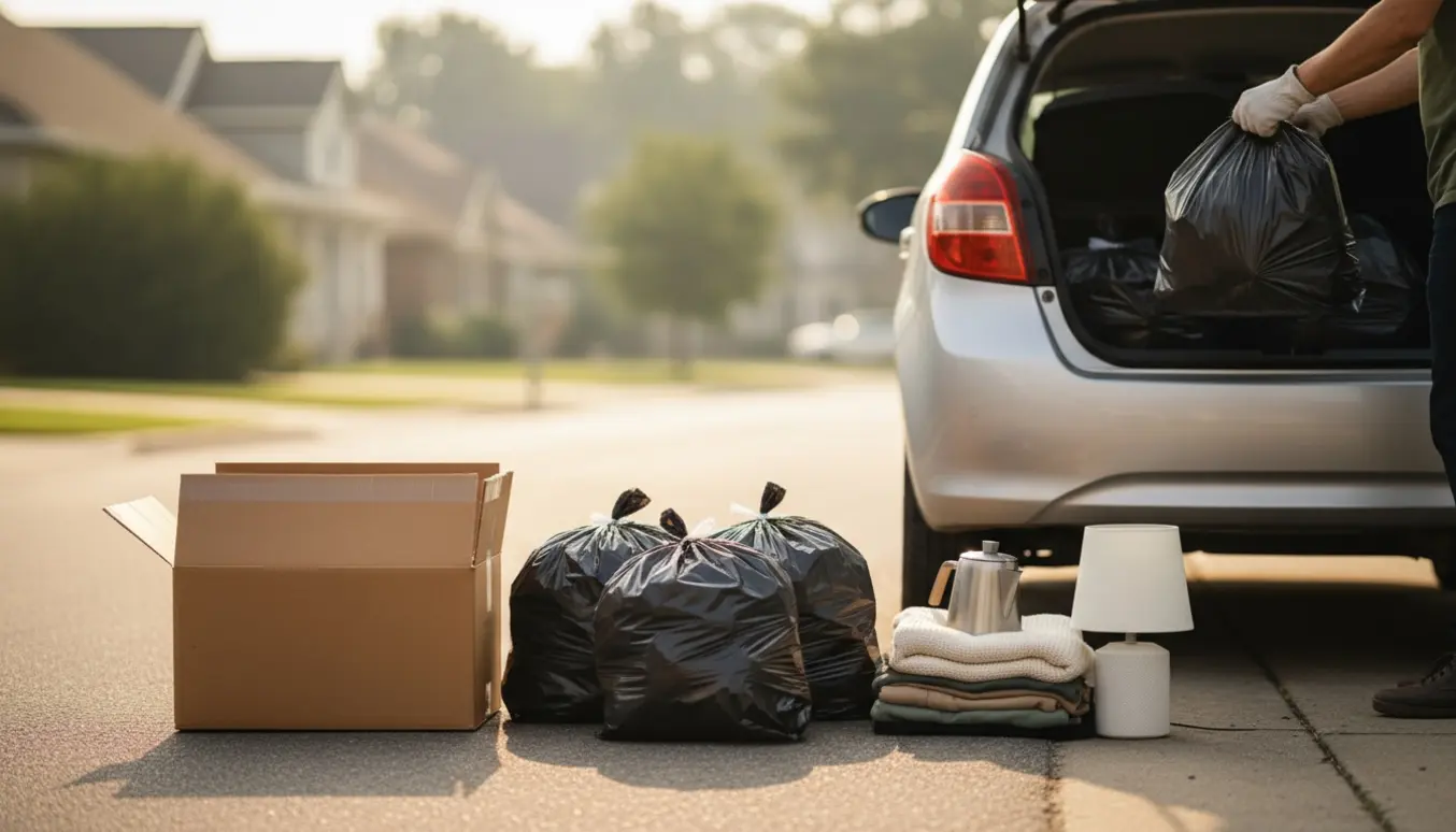 To papkasser og fire sorte affaldssække med nogle husholdningsgenstande ved en åben bilbagagerum.