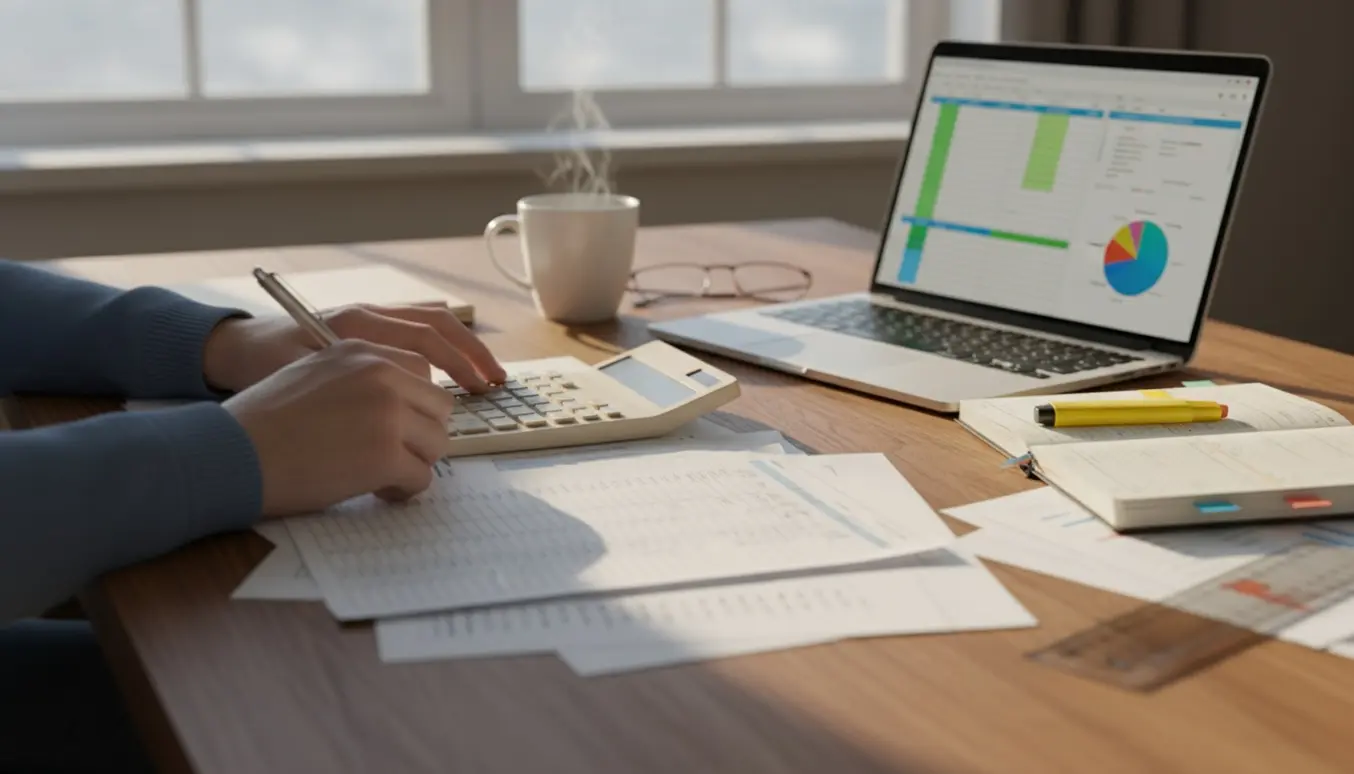 Hænder arbejder med regnskabspapirer, budgetskemaer og en lommeregner på et skrivebord i naturligt lys.