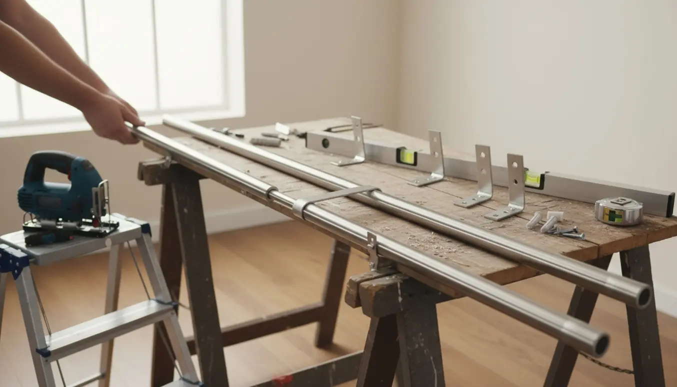 Lang gardinstang samlet af tre sektioner på savbuk med boremaskine og beslag i et lyst, ryddeligt rum.