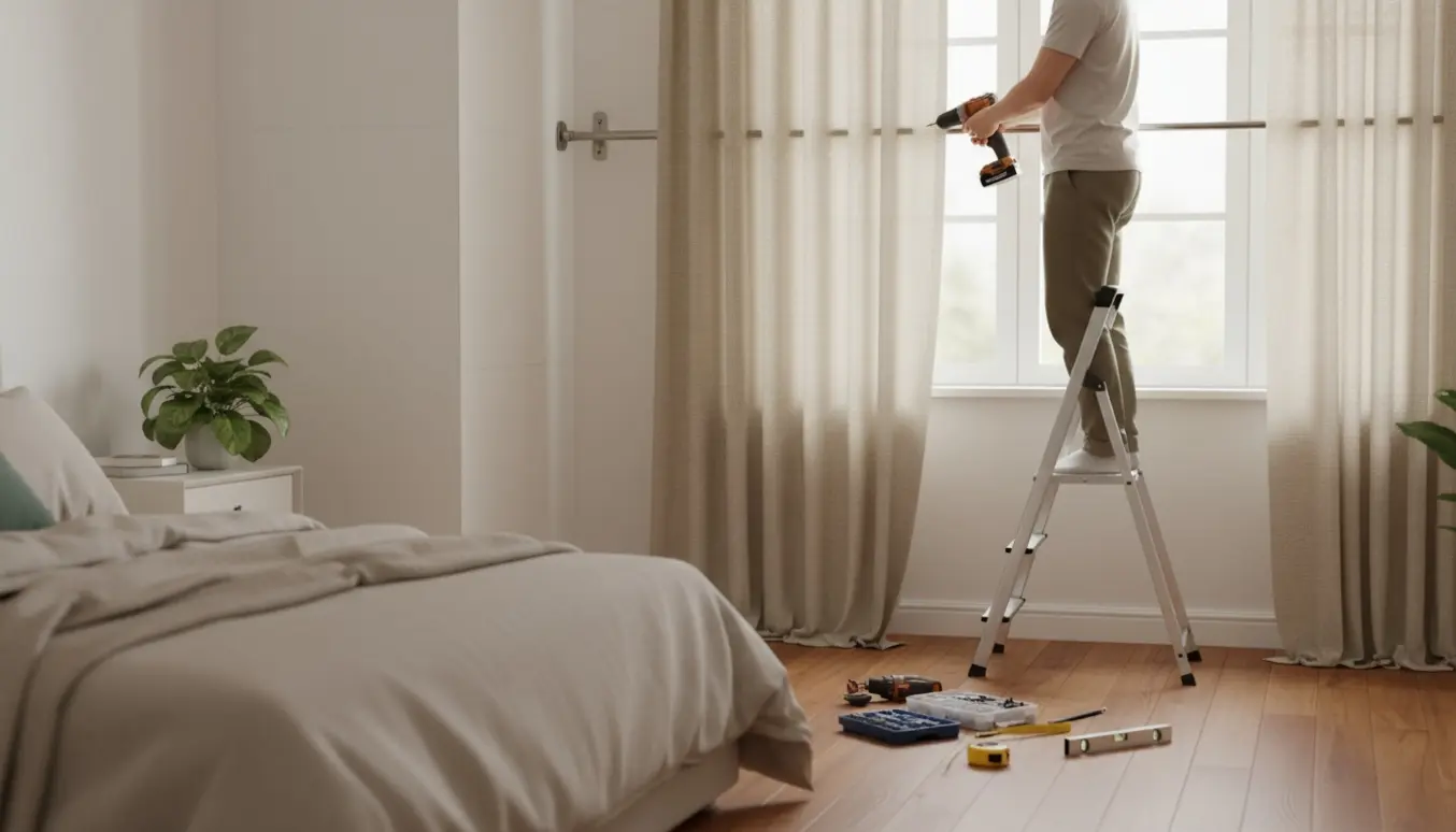 Hænder monterer en gardinstang i et lyst soveværelse med værktøj på gulvet.