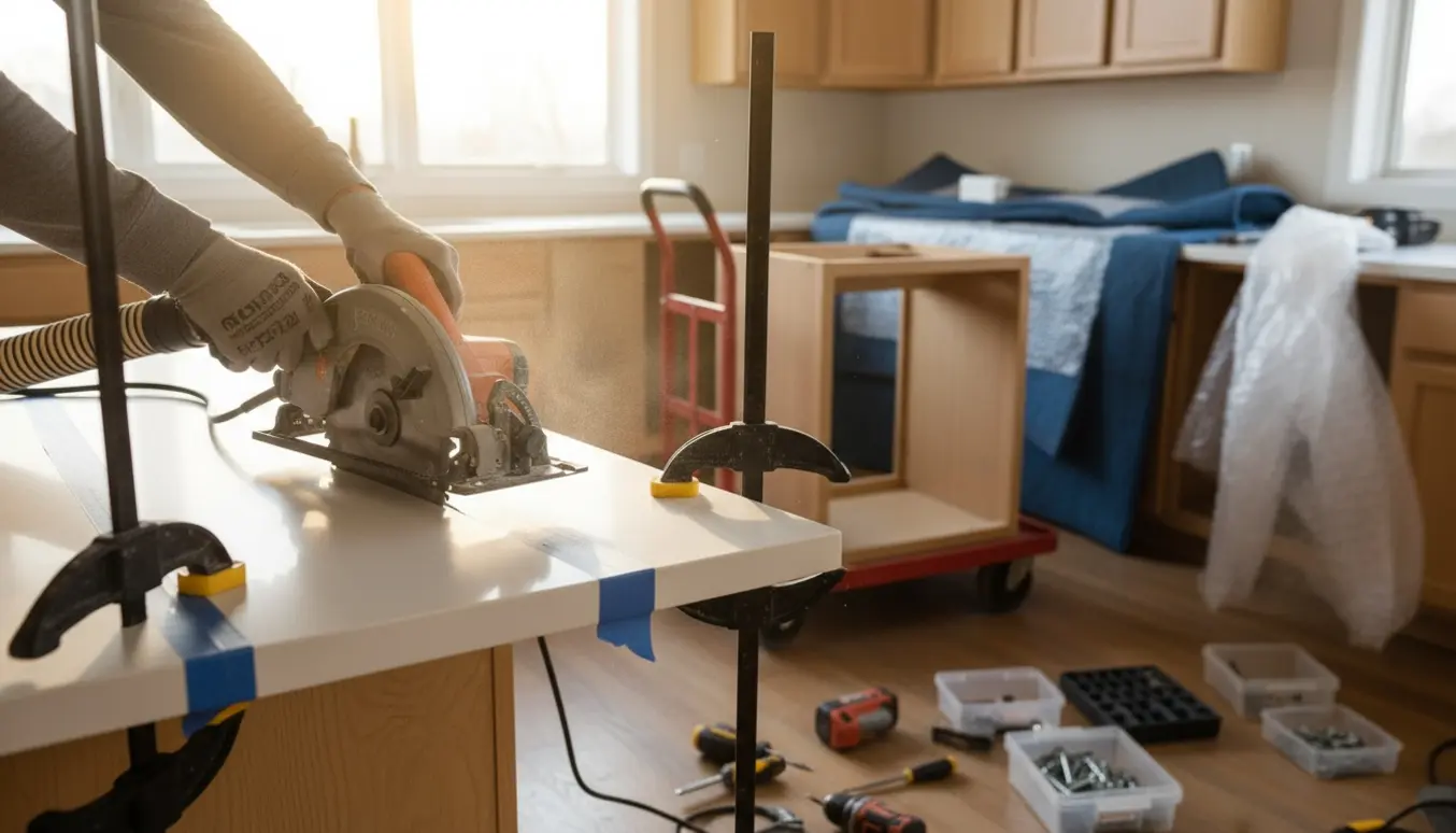 En Corian-bordplade skæres forsigtigt med en karbidklinge i et køkken, omgivet af adskilte skabe og flytteudstyr.