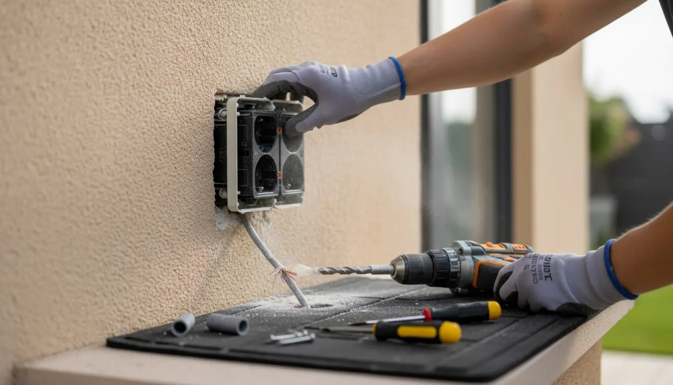 Hænder monterer to udendørs stikkontakter i en husmur med boremaskine og værktøj.