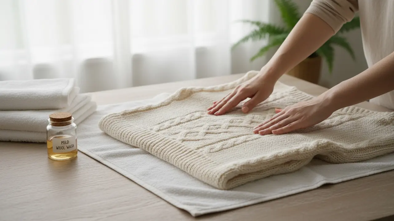 Håndstrikket trøje lagt fladt på et håndklæde, hænder glatter stoffet ud.