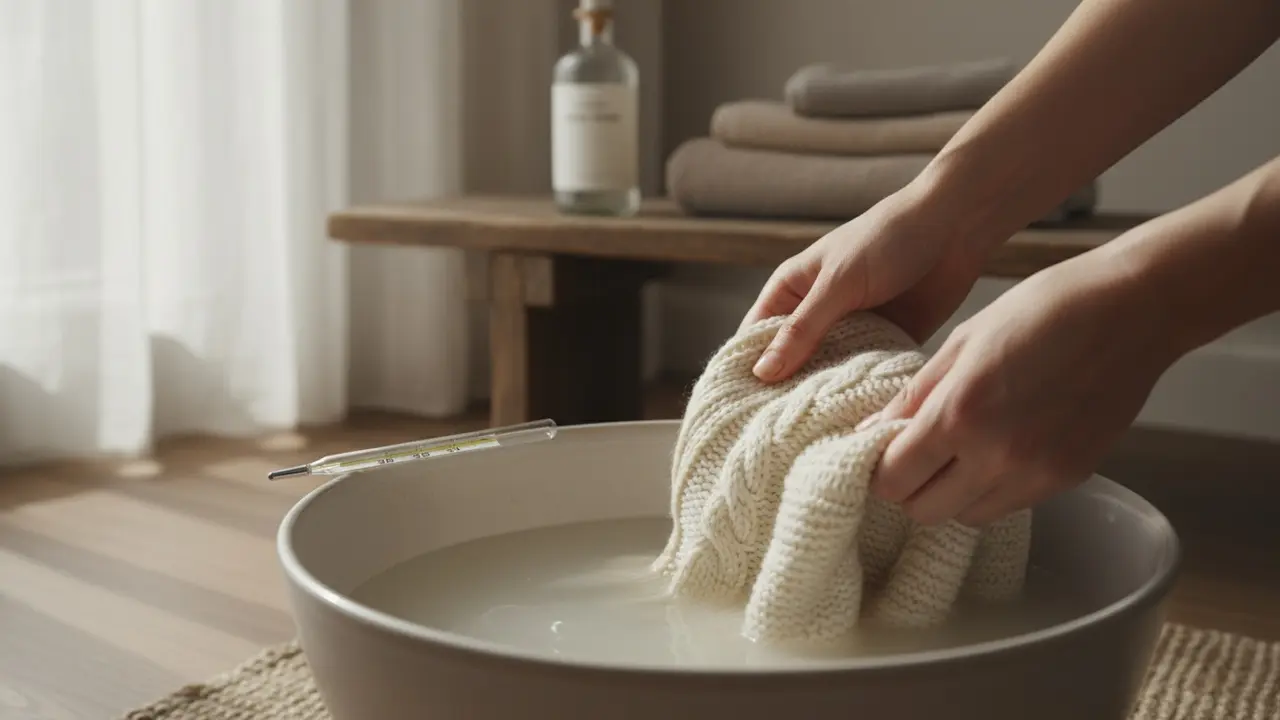 Strik nedsænkes i en balje med lunkent vand, termometer viser ca. 30°C.