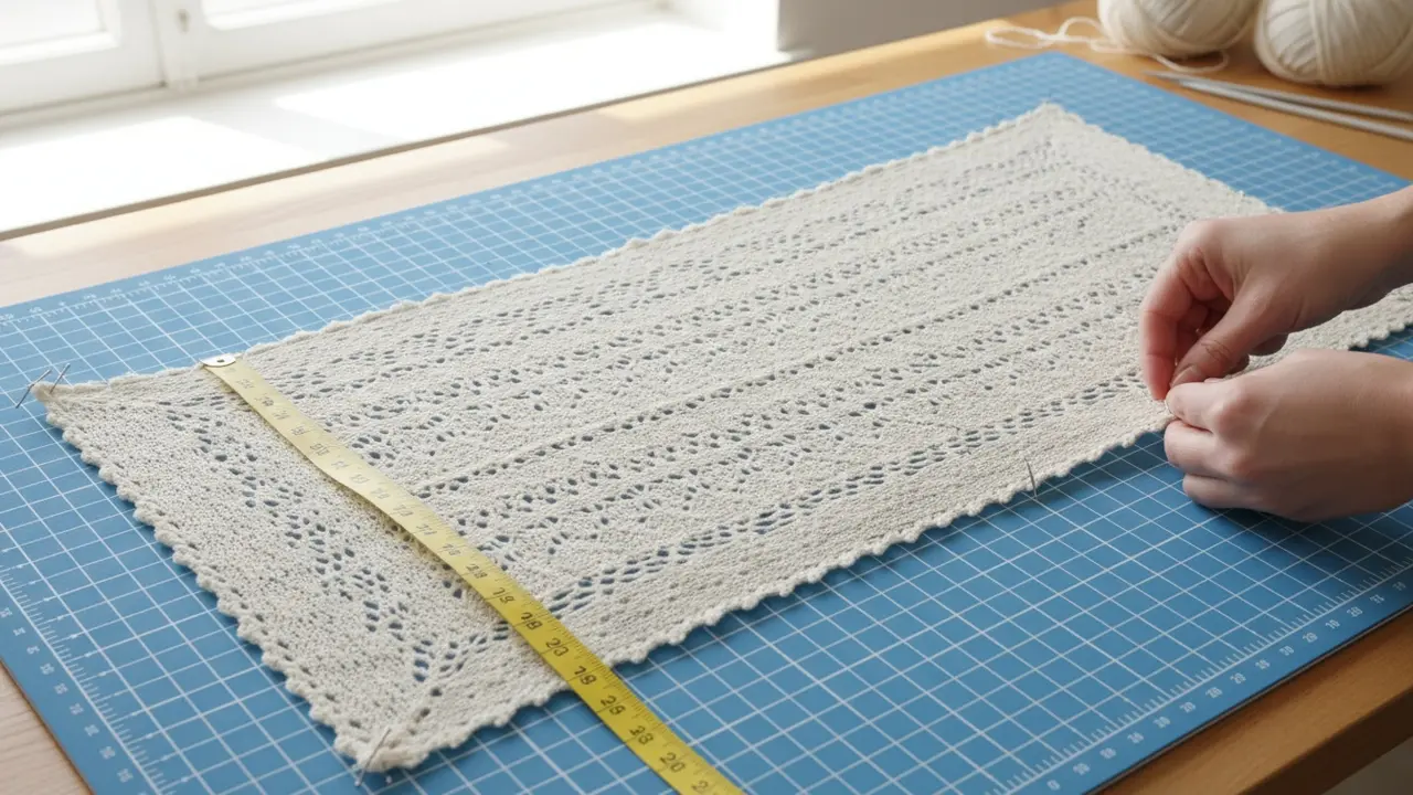 Hulmønster-sjal fastgjort med knappenåle på blokkemåtte under blokning.