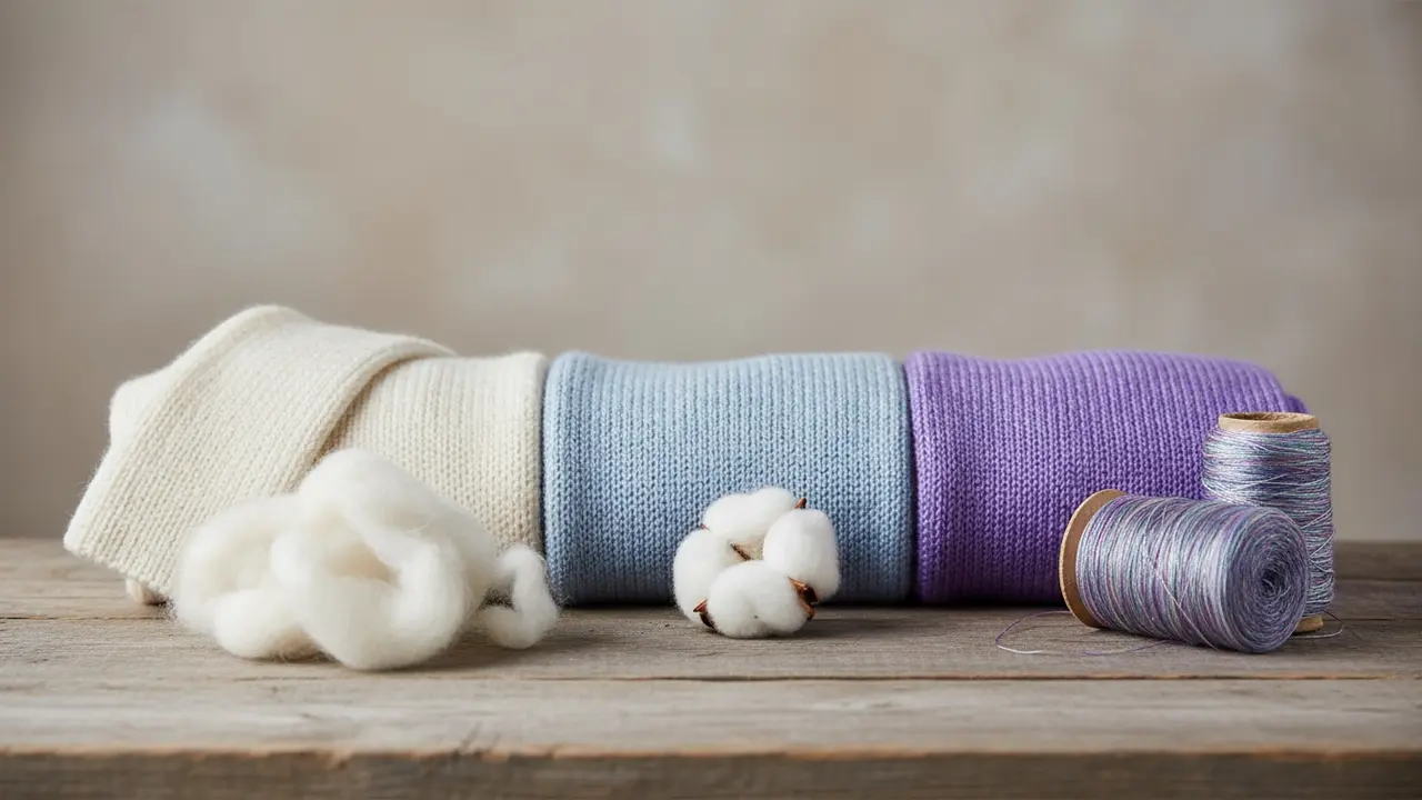 Tre strikkeprøver i uld, bomuld og akryl vist side om side for at illustrere forskelle.