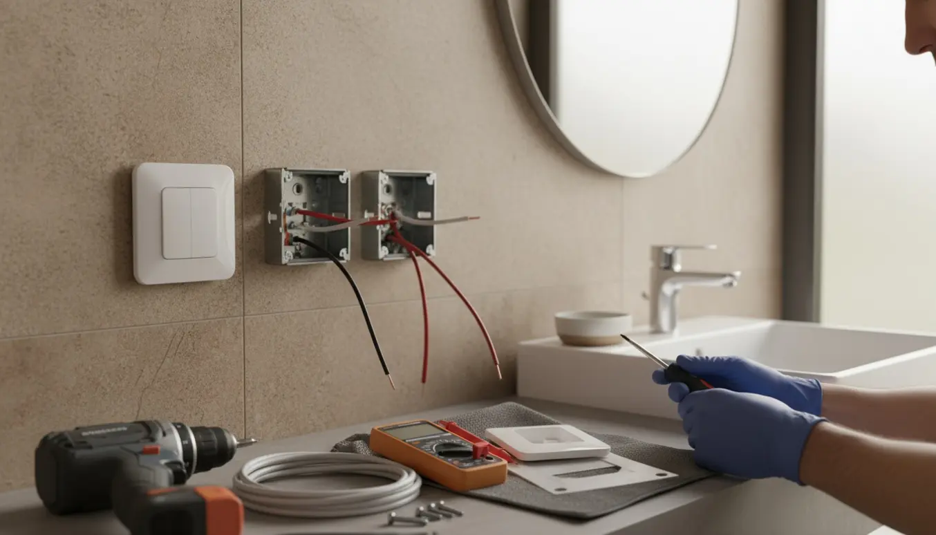 Elektriker installerer to nye el‑stik i et lyst badeværelse ved vasken.