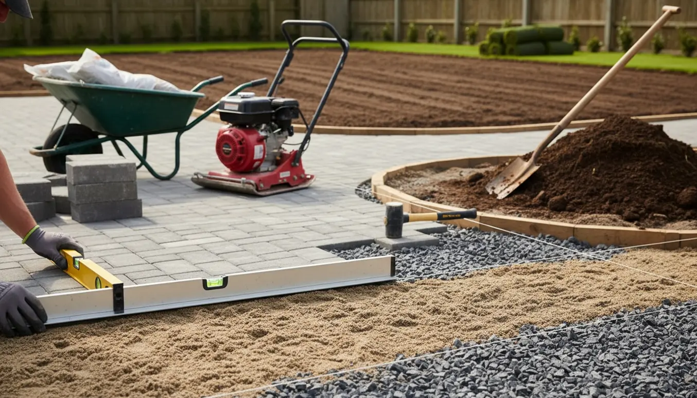 Forberedelse af fundament og lægning af fliser på indkørsel og gangsti med et stort haveareal klargjort til græs.