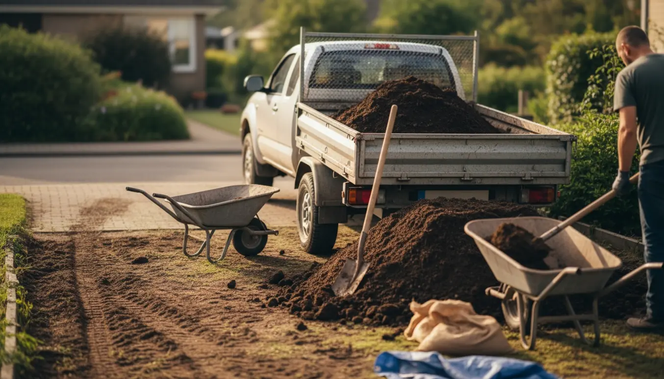 Trailer fyldt med jord på en indkørsel med skovle og trillebøre klar til bortkørsel.