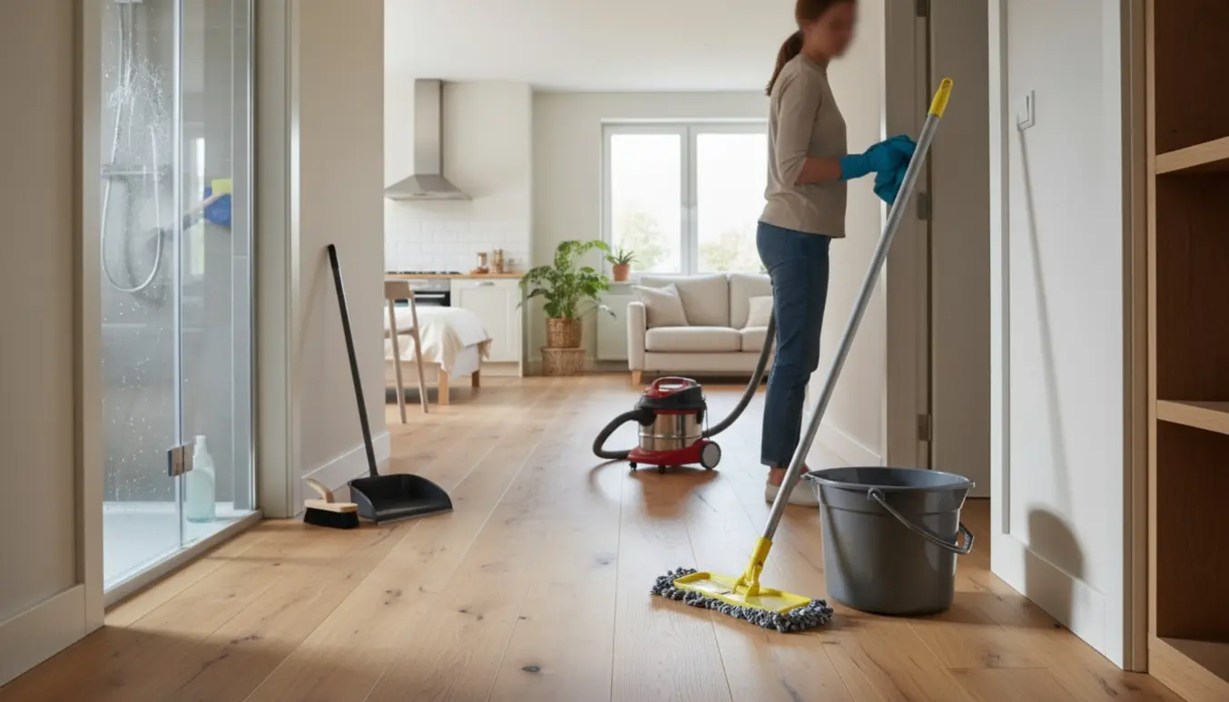 Person i handsker rengør en lys gang med moppe, støvsuger og afkalkningsudstyr ved brusekabinen.