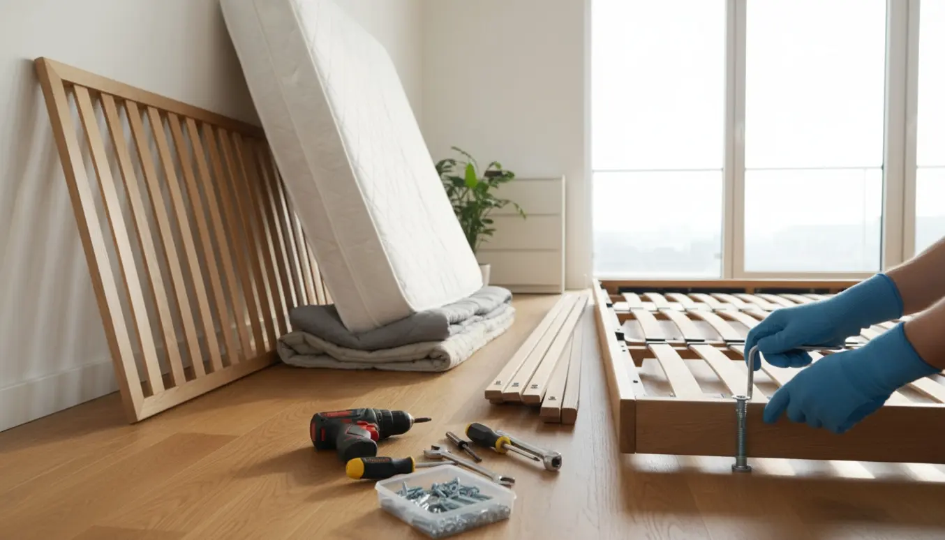 Hænder skruer en stor dobbeltseng fra hinanden med værktøj, madras støttet op ad væggen.
