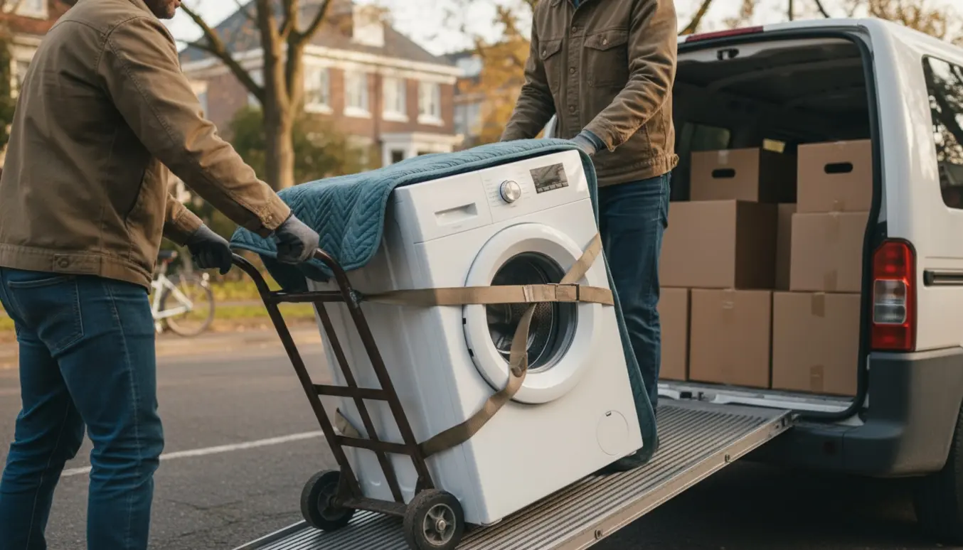 En vaskemaskine læsses ind i en varevogn af flyttemænd med ansigter skjult.