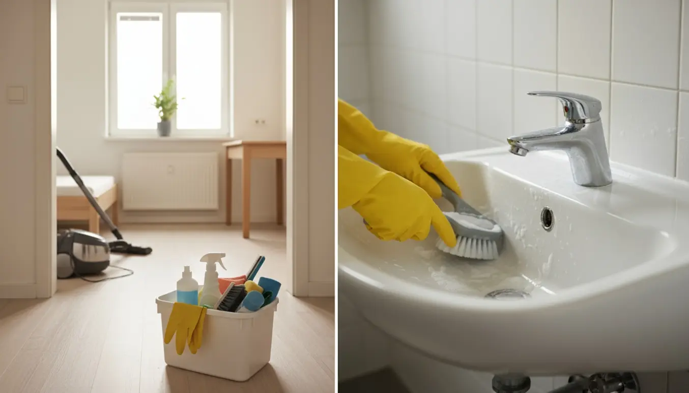 Tom kollegieværelse med rengøringsudstyr i forgrunden og en hånd i gule handsker, der afkalker vasken i det åbne badeværelse.