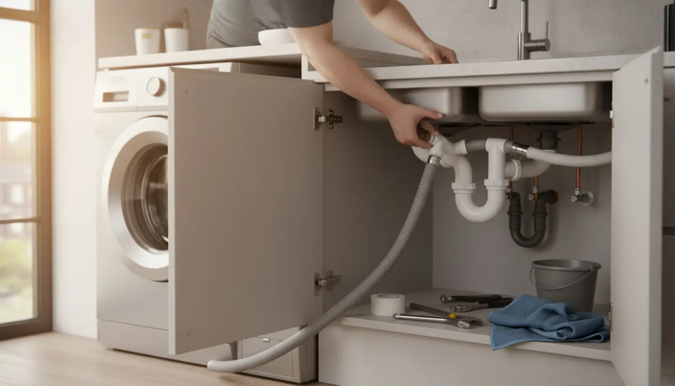 Hænder forbinder vaskemaskinens afløbsslange under køkkenvasken med værktøj og P-trap synlig.