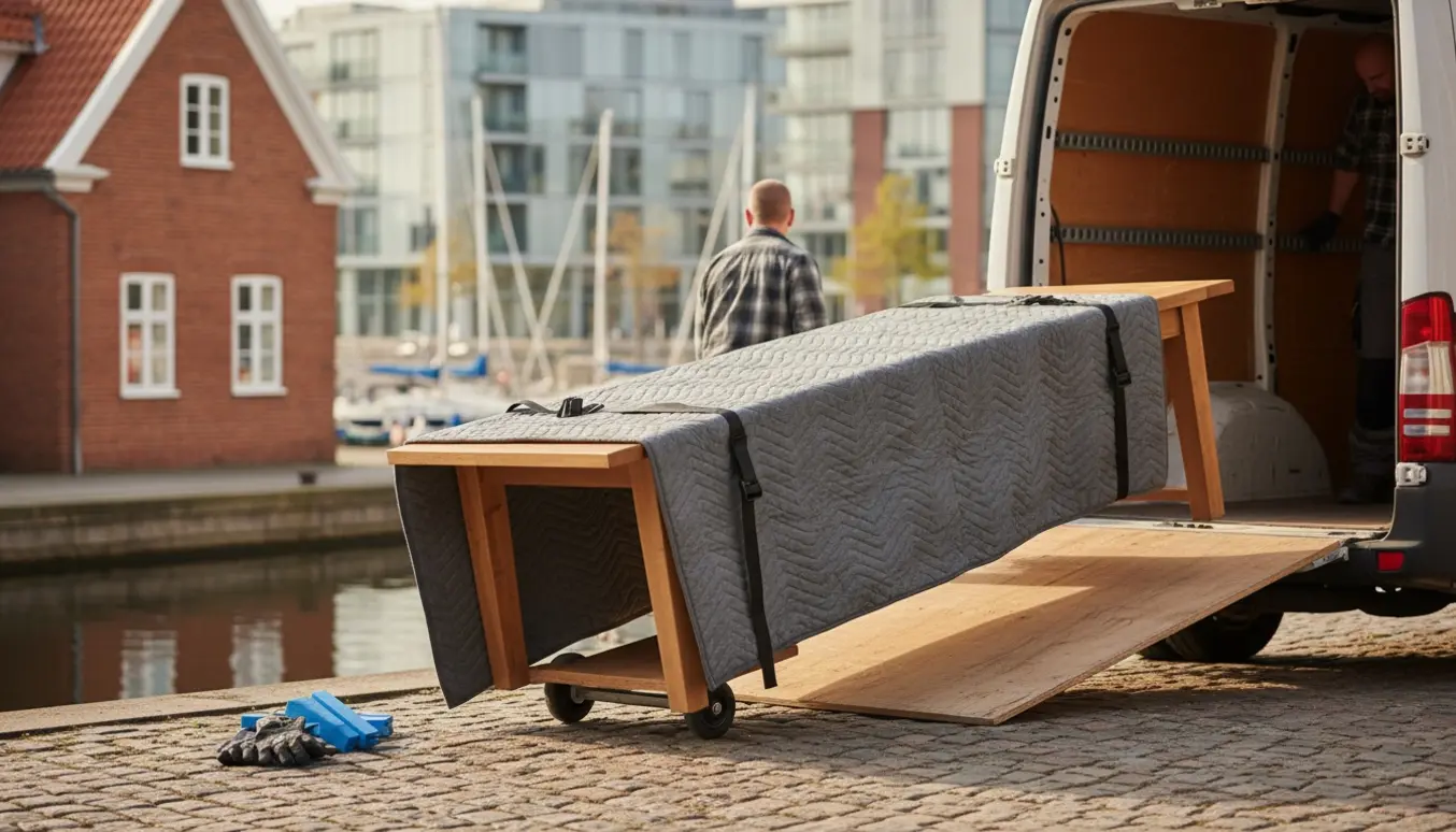 Et langt spisebord (170x100 cm) pakket i flytte tæpper læsses ind i en flyttevogn ved kajen, to personer ses bagfra.