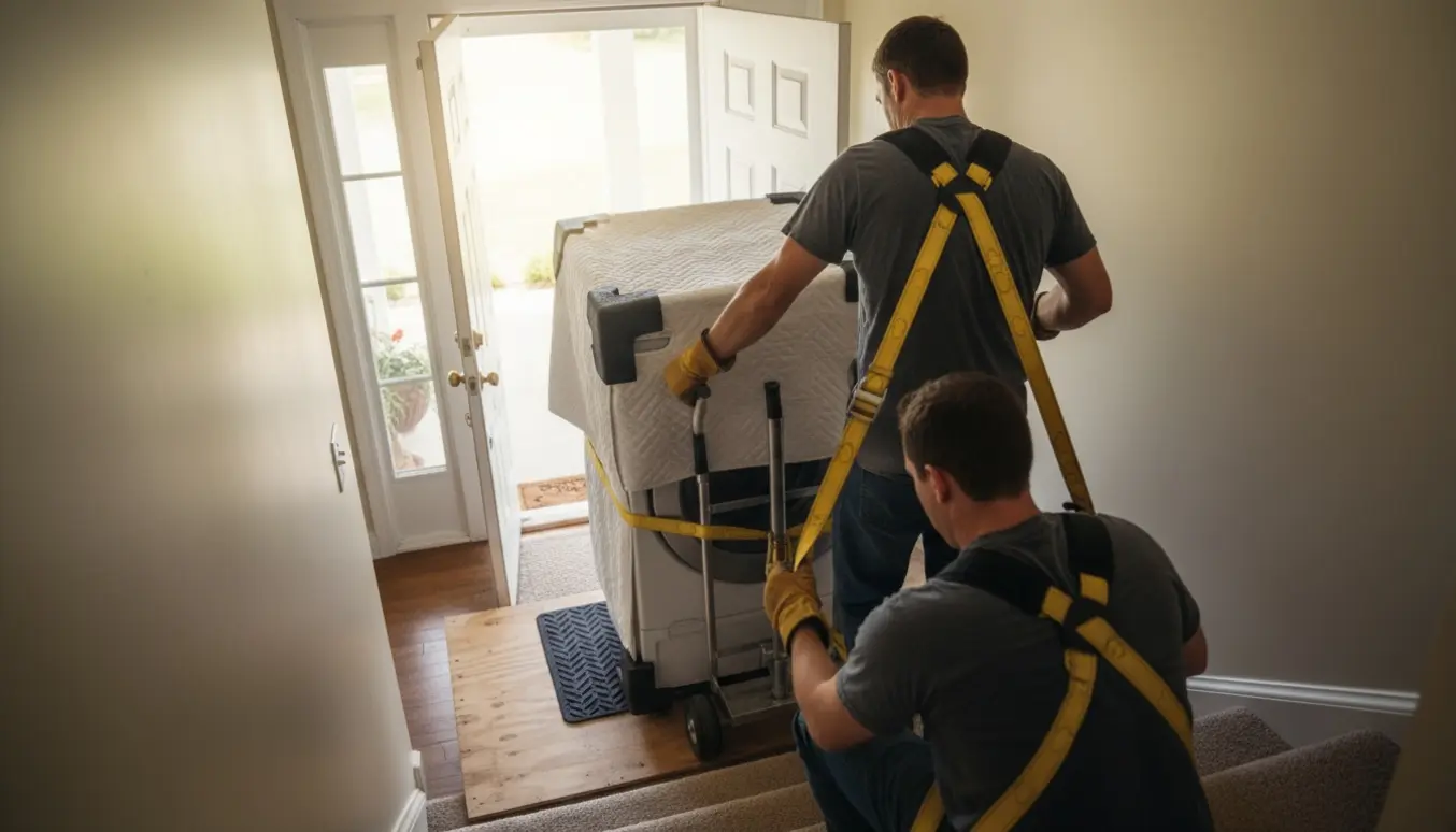 To personer løfter en vaskemaskine og tørretumbler op ad trappen til førstesal med dolly og flyttestropper.
