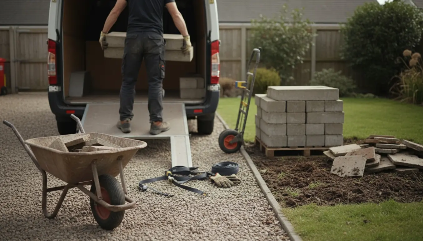 En person læsser tunge havefliser i en åben trailer ved en indkørsel med trillebør og handsker i forgrunden.