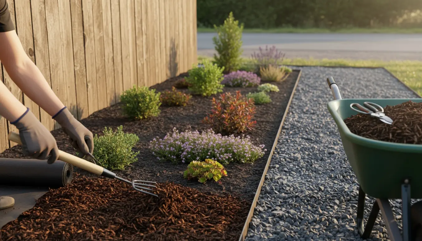 Hænder spreder barkflis langs en grussti med bunddække og kantning.