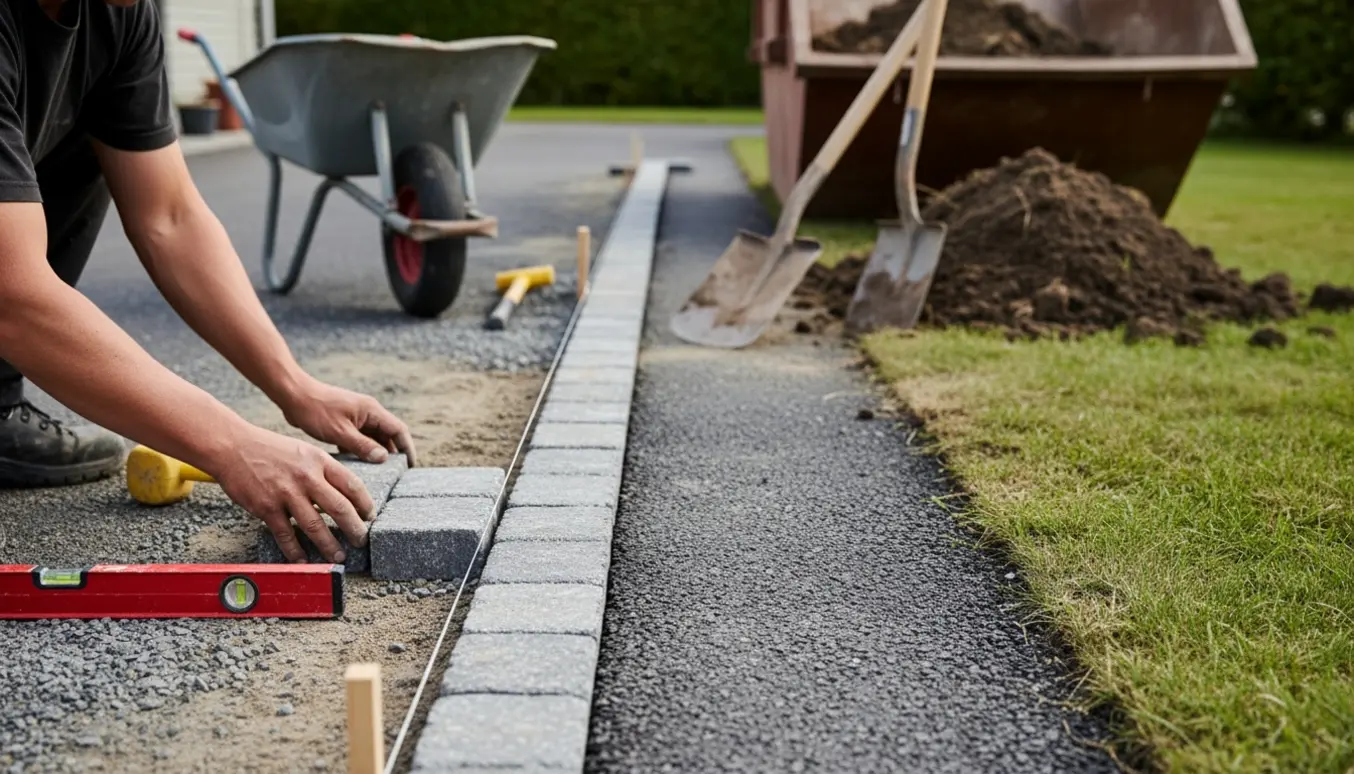 Udvidelse af indkørsel med gråmix herregårdssten, udgravet jord og værktøj i haven.