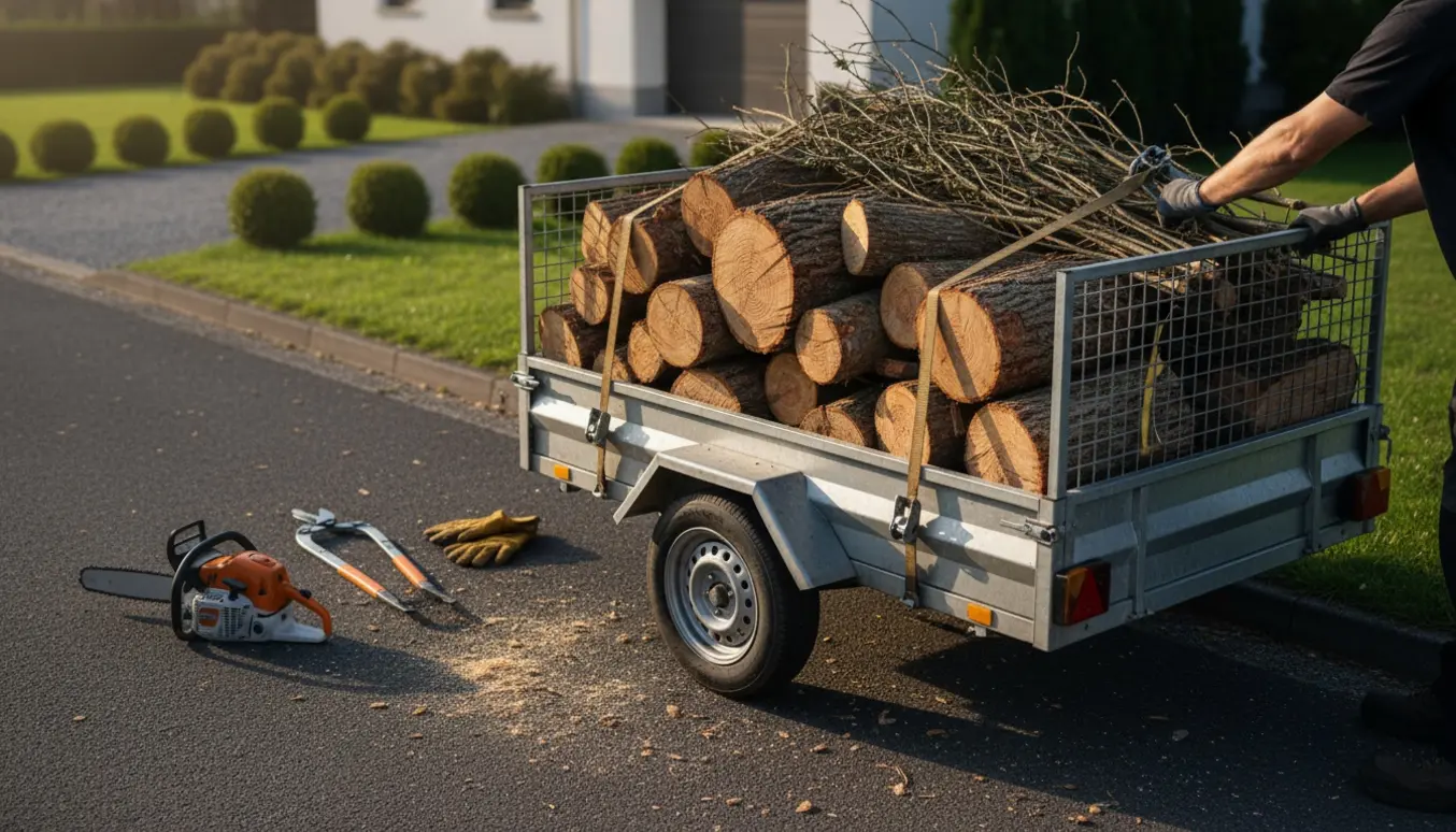 Trailer fyldt med træstammer og grene ved asfaltvej, klar til at blive kørt på genbrugsstationen.
