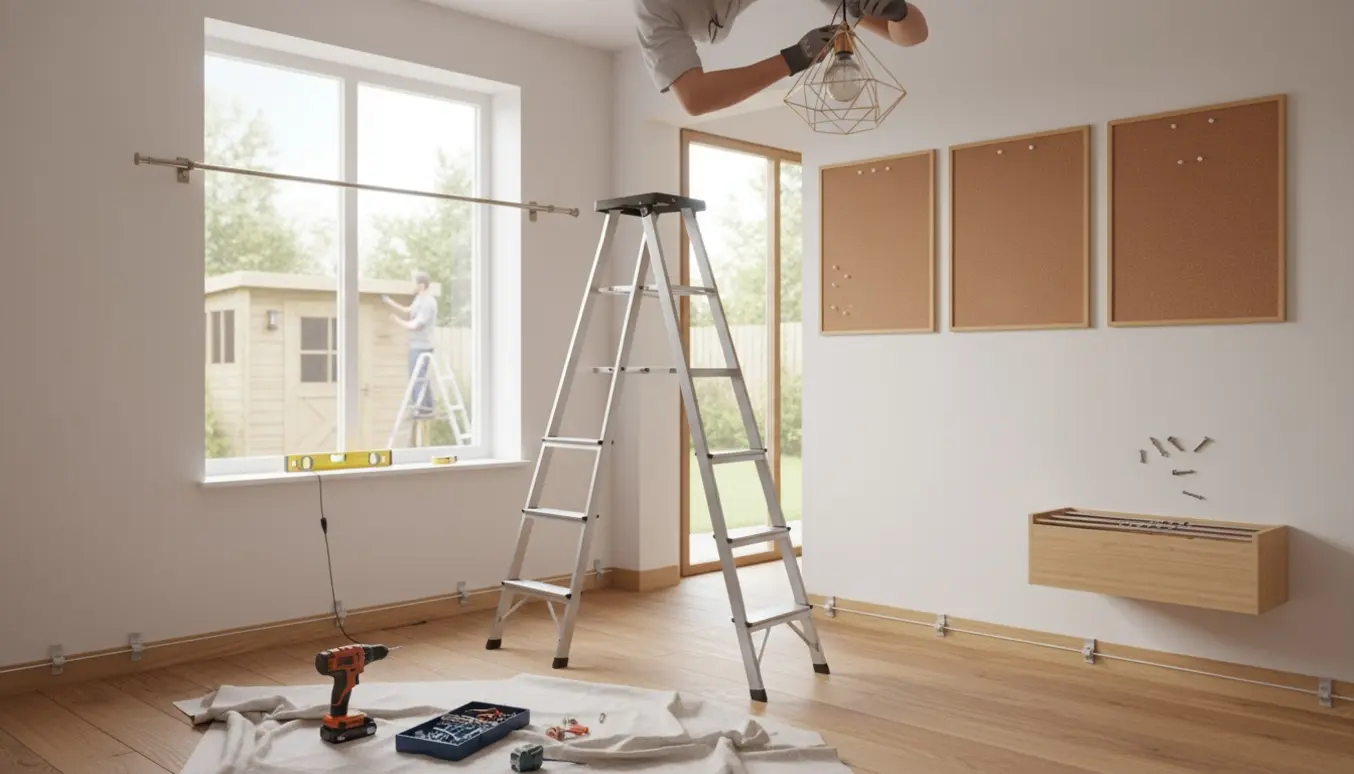 Tæt billede af indendørs montagearbejde med lampe, gardinstang, opslagstavler, skoreol og fastgjort ledning, og en udendørs solcellelampe ved skuret set gennem åben dør.