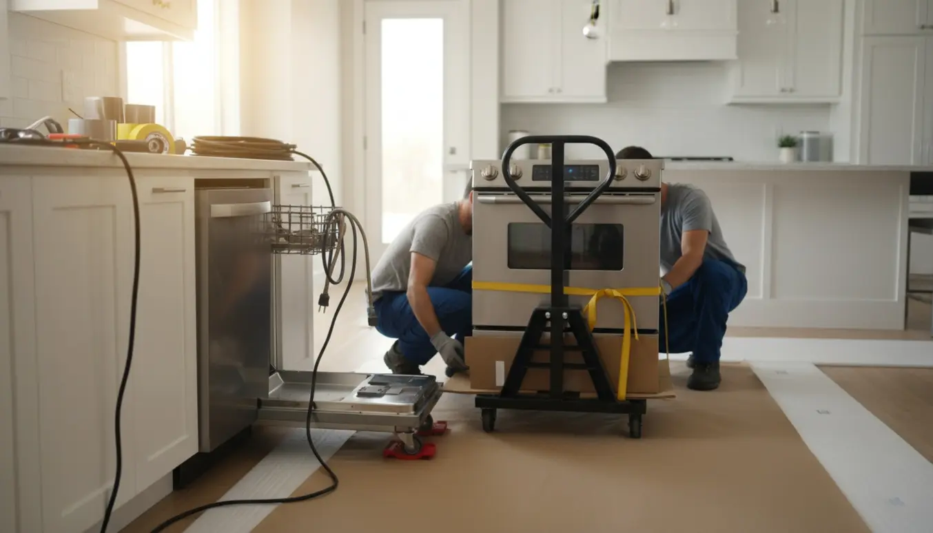 To personer flytter en opvaskemaskine og et komfur i et lyst køkken med beskyttelse på gulvet.