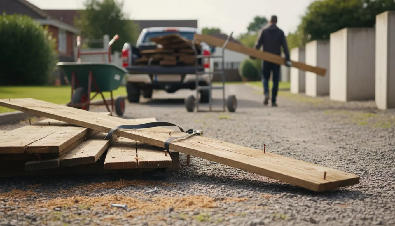 Aflæsning af afrevet terrassebrædder og strøer ved en miljøstation langs en lang grussti.
