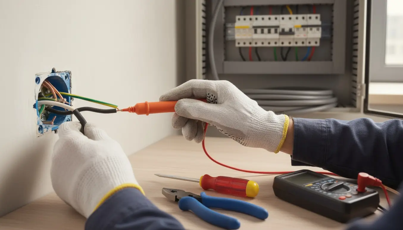 Elektriker med handsker tester to åbne stikkontakter med måleudstyr og et åbent eltavleskab i baggrunden.