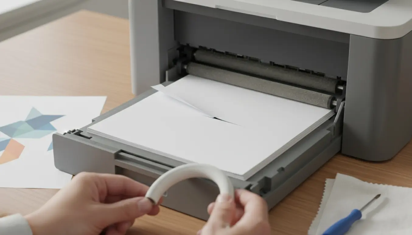 Hænder inspicerer pickup-rullen i en åben farvelaserprinters papirbakke 2 med udskiftningsrulle og værktøj ved siden af.