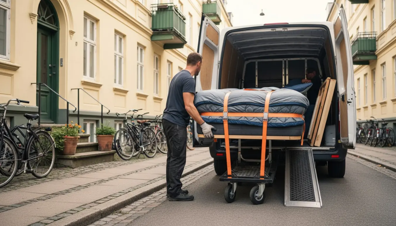 Flyttefolk læsser en indpakket 140x200 cm seng på en varevogn foran en lejlighed på Nørrebro.