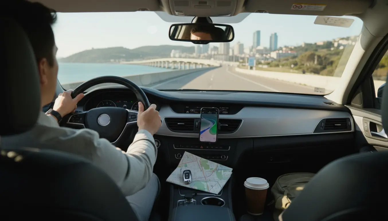 Udsigt fra en bils kabine mod en kystbro og bysilhuet, nøgler, smartphone og rygsæk på konsollen klar til en køretur.