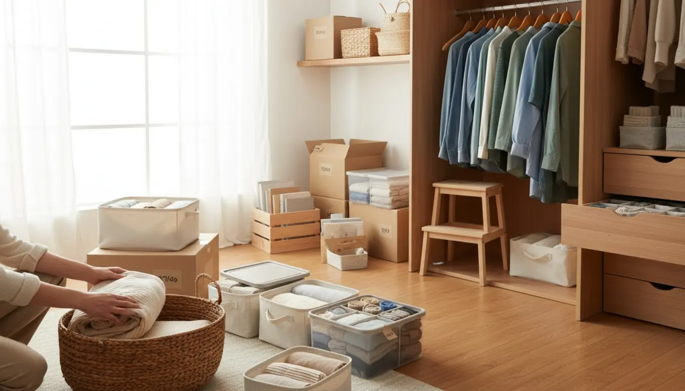 Soloplyst hjem med åbne kasser og kurve, hænder der folder tøj og ryddede skabe og skuffer.