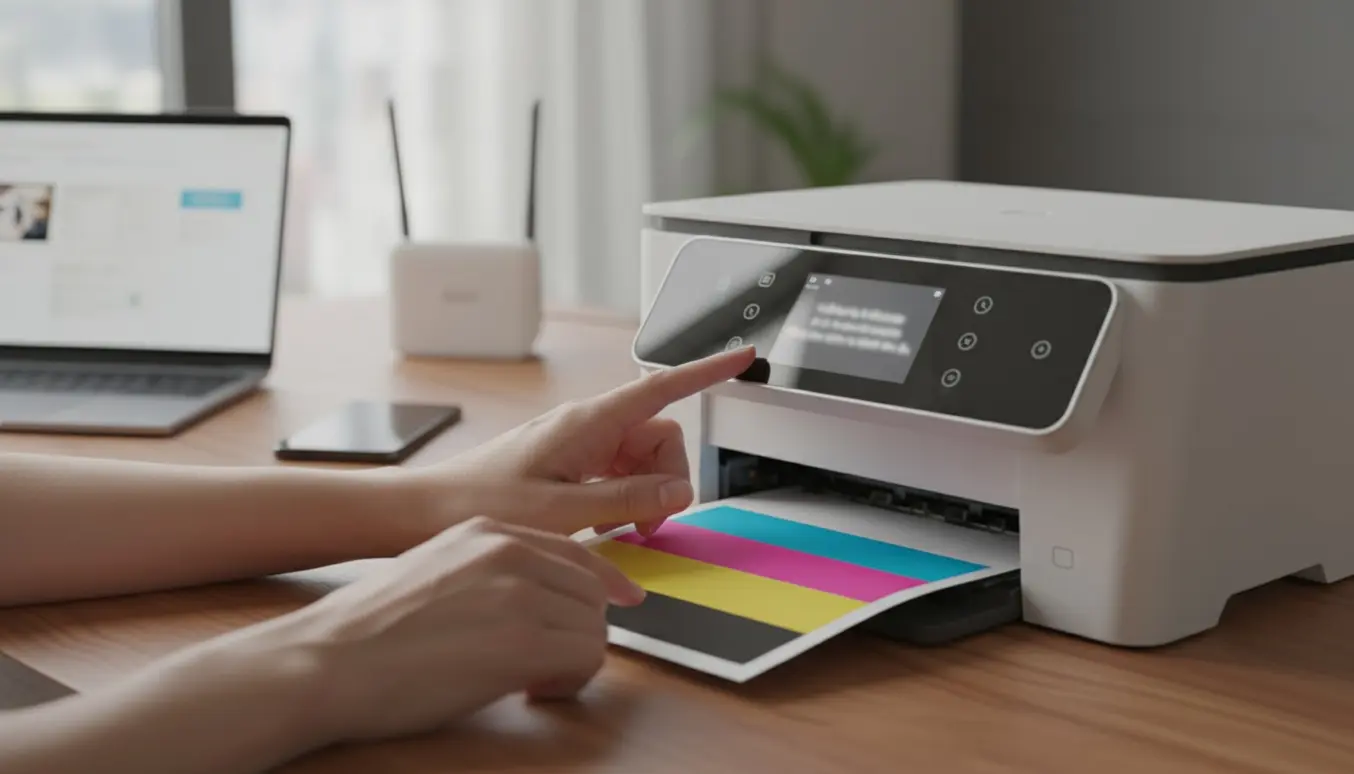 Nærbillede af hænder, der opsætter en trådløs printer ved et skrivebord med smartphone, laptop og router i baggrunden.