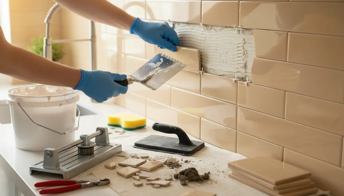Udskiftning af knækkede køkkenfliser ved backsplash med nye fliser og værktøj på bordet.