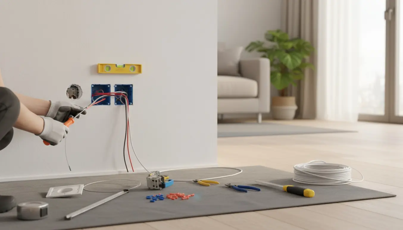 Hænder flytter en stikkontakt langs en væg med værktøj og en ny el-boks i naturligt lys.