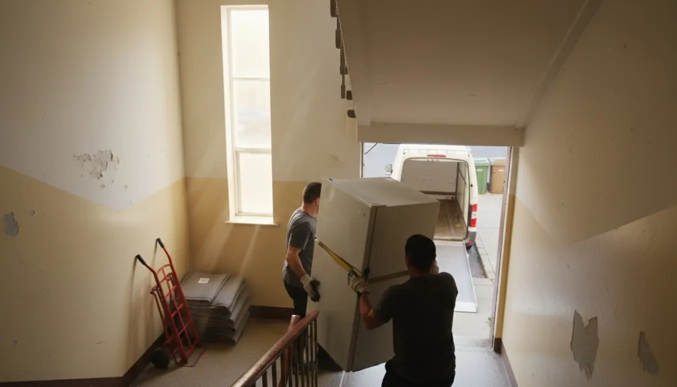 To flyttemænd bærer et defekt køleskab ned ad trappen mod en varevogn ved genbrugspladsen.