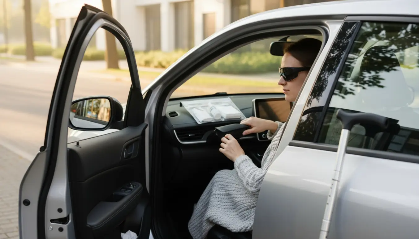 En ledsager hjælper en patient med solbriller ind i en bil efter en øjenoperation, med øjendråber og stok klar.