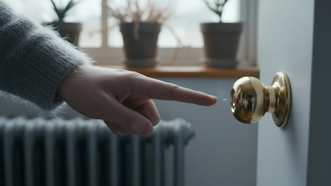 Person får lille stød fra metalhåndtag mens syntetisk trøje har statisk elektricitetsgnist