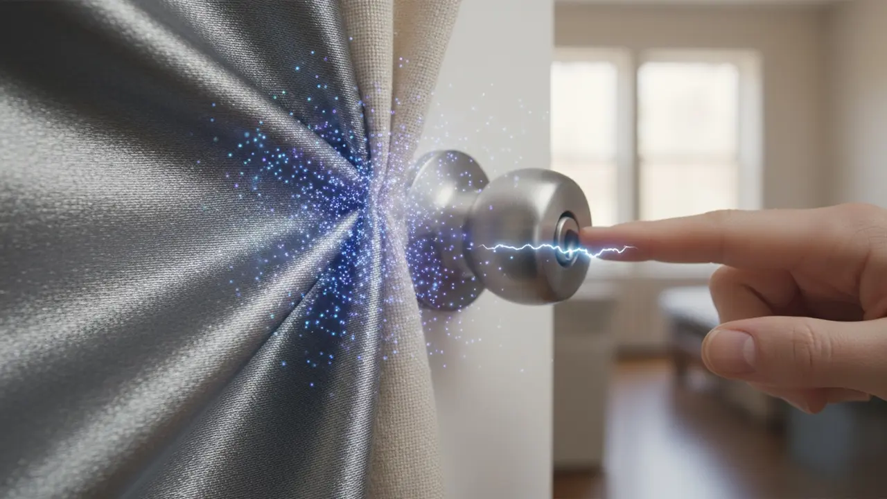 Nærbillede af polyester og bomuld der gnider mod hinanden med synlige statiske gnister mod metal