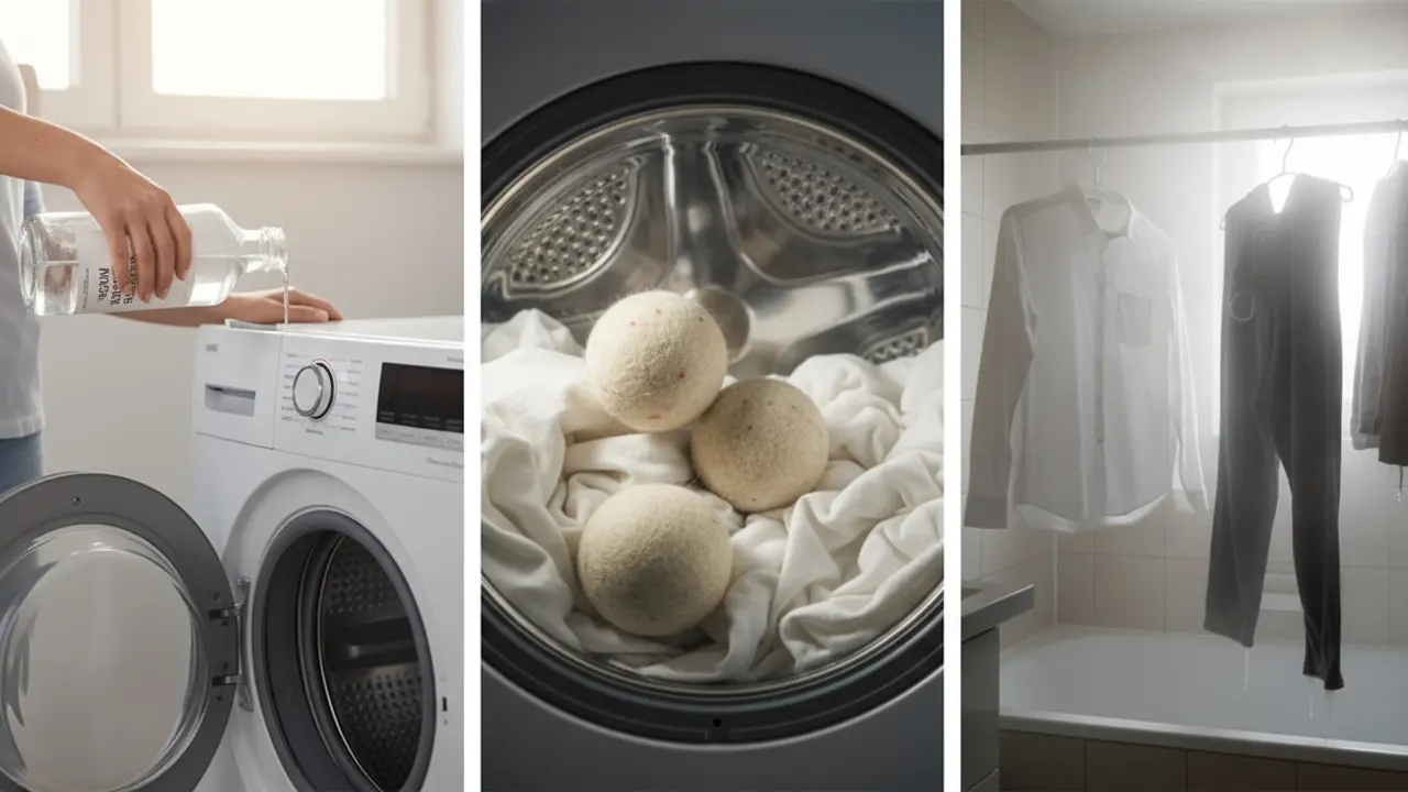 Eddike til vaskemaskine, uldbolde i tørretumbler og tøj hængt i et fugtigt badeværelse