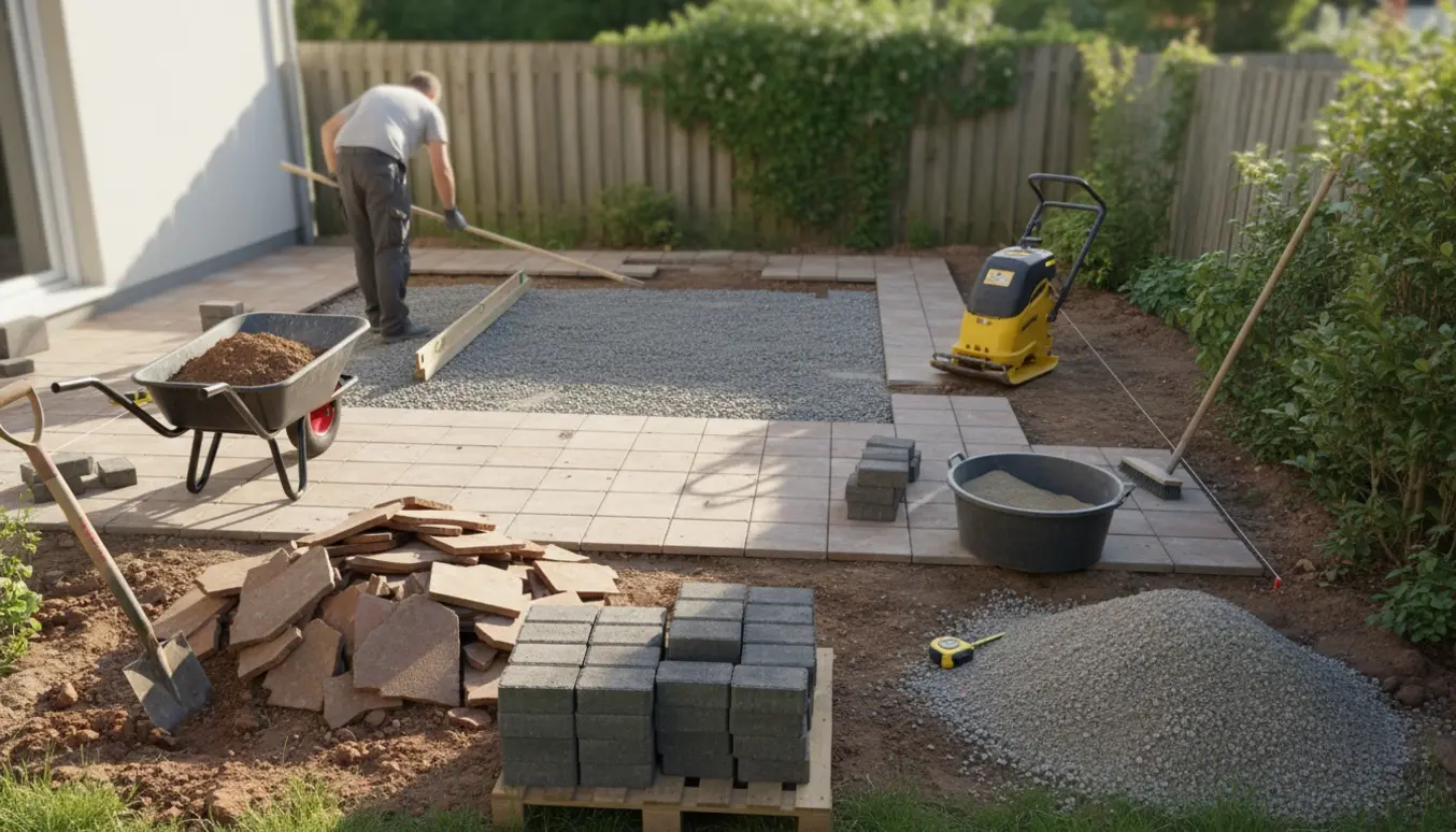 Opgravning og udlægning af stabilt grus før lægning af nye fliser på en terrasse, værktøj og materialer i billedet.