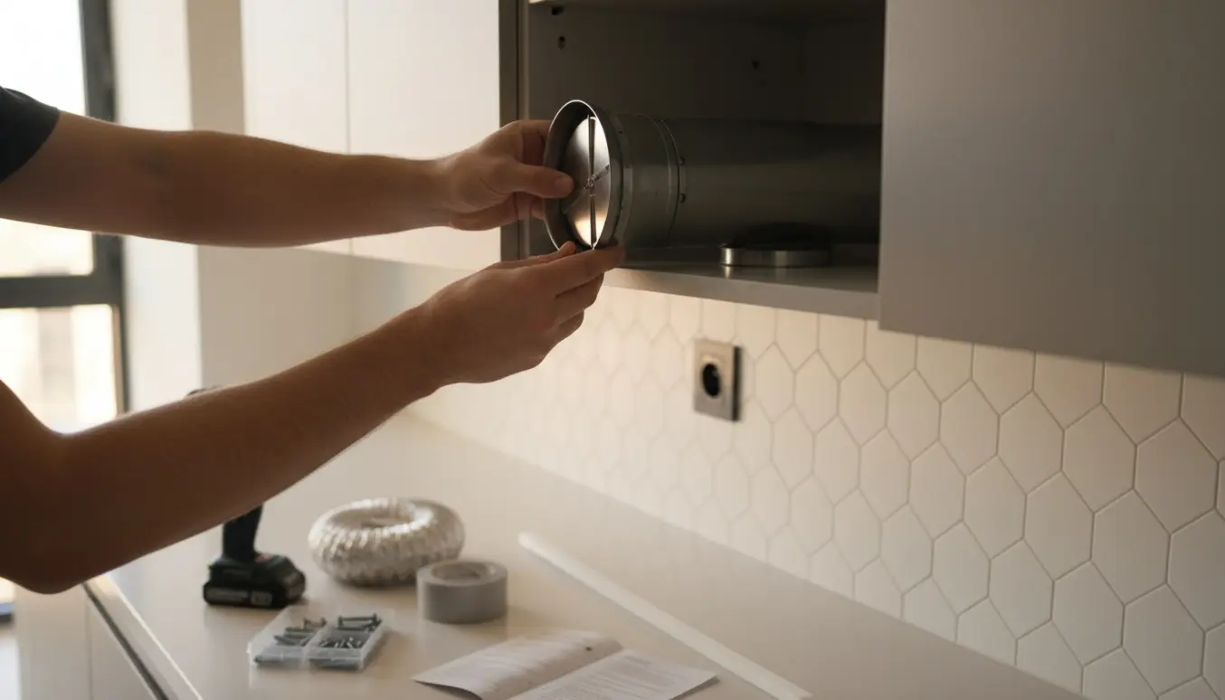 Installatør uden ansigt monterer tilbageslagsklap i emhætte i et moderne lejlighedskøkken.