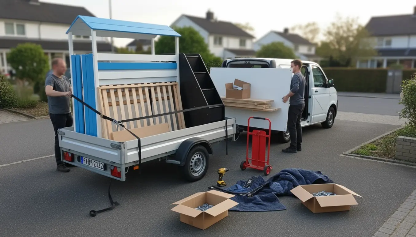Delvist adskilt Kura-seng med sort trappemøbel og terrassebrædder læsset på trailer klar til afhentning.