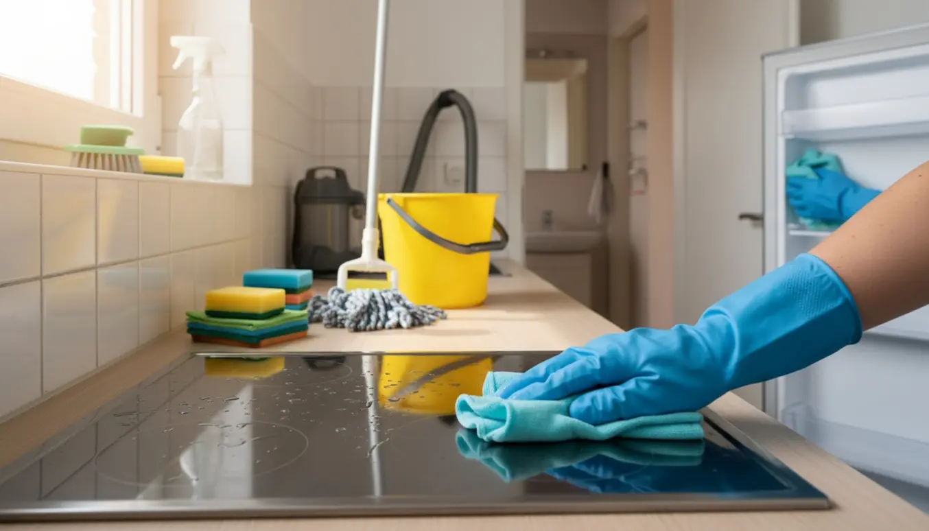Nærbillede af grundig flytterengøring i en lille lejlighed med handsker, klud, moppe og støvsuger.