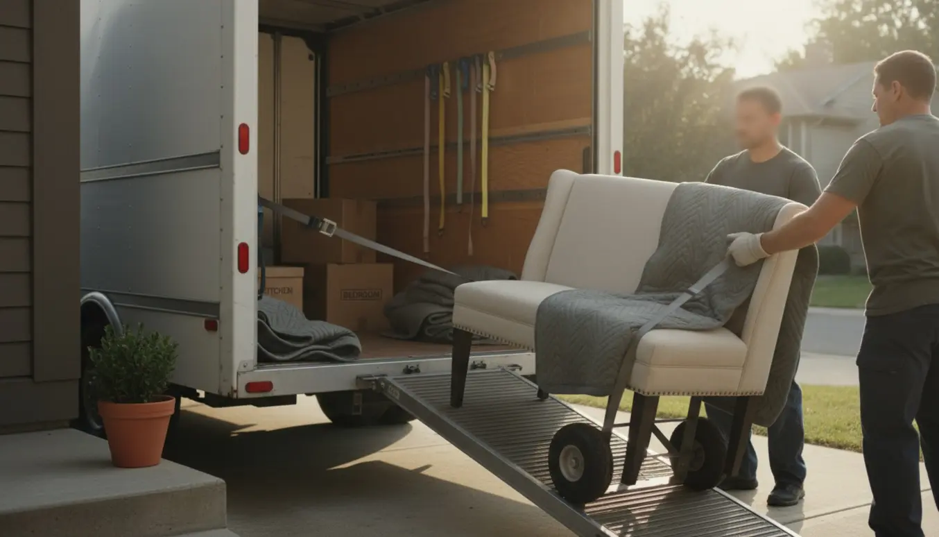 En let to-personers spisebordssofa bliver pakket og løftet ind i en flyttevogn på en solrig morgen.