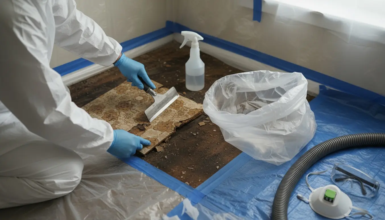 Nærbillede af beskyttede hænder, der forsigtigt fjerner et lille stykke asbestgulv med skraber og plastforsegling.