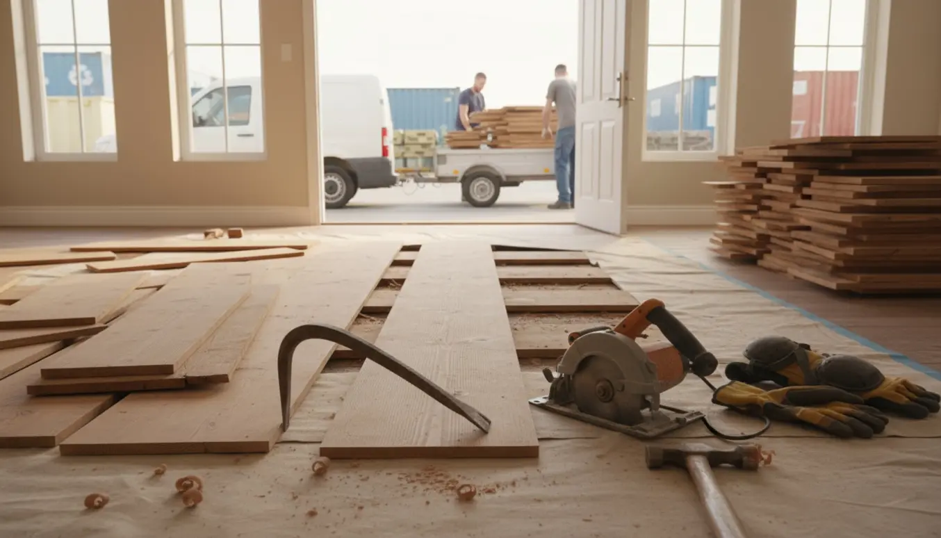 Delvist opbrudt trægulv med planker og værktøj klar til at blive læsset i trailer og afleveret på genbrugspladsen.