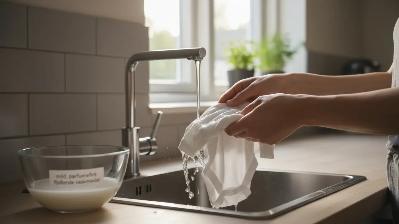 Forælder skyller babytøj i koldt vand ved køkkenvask